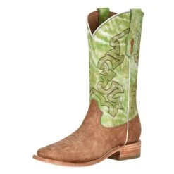 CorralCowboyGear 3 Corral Men's Corral Sand Cowhide 13in. Green Embroidered Top Square Toe Boot