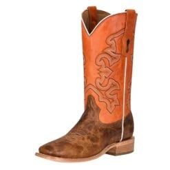 CorralCowboyGear 7 Corral Men's Distressed Cognac 13in. Orange Embroidered Top Square Toe Boot