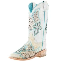 CorralCowboyGear 20 Corral Women's White Inlay Turquoise Embroidery 12 In Top Square Toe Boot