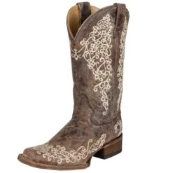 CorralCowboyGear 34 Corral Women's Brown Crater Bone Embroidery Cowgirl Boots