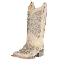 Corral Ladies White Glitter/Crystals Square Toe Cowgirl Boots