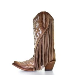 Corral Boots Corral Ladies Saddle Brown Lamb Inlay Embroidery & Fringe Boots C3766 -CorralCowboyGear C3766 ALTA07