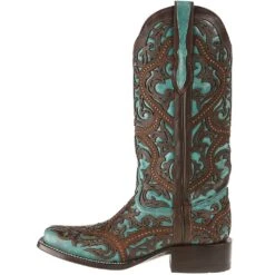 Women's Corral Turquoise Cowgirl Boots With Brown Laser Studs -CorralCowboyGear G1416 2