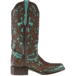 Women's Corral Turquoise Cowgirl Boots With Brown Laser Studs -CorralCowboyGear G1416 4