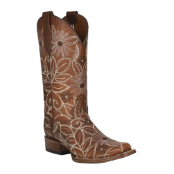Circle G By Corral Ladies Saddle Floral Embroidered Tan Square Toe Boots L5837
