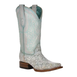 Corral Boots Corral Ladies Embroidered White & Turquoise Square Toe Boot Z5139