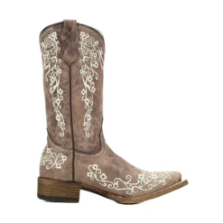 Corral Boots Corral Children's Bone Embroidered Cowhide Square Toe Boot A2980