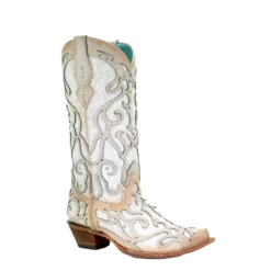 Corral Boots Corral Ladies White Glitter Inlay/Crystals Sniped Toe Boot C3434