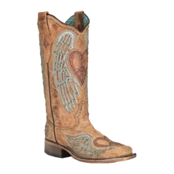 Corral Boots Corral Ladies Sandy Heart & Wings Tan Square Toe Boots A4313