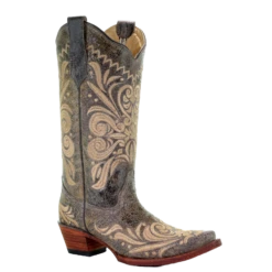 Circle G By Corral Ladies Distressed Green/Beige Filigree Boots L5407
