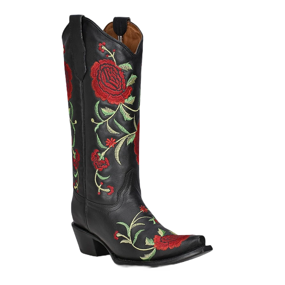 Circle G By Corral Ladies Flowered Embroidery Black Leather Boots L5846 1 Circle G By Corral Ladies Flowered Embroidery Black Leather Boots L5846