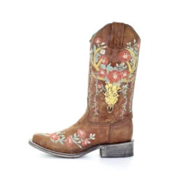 Corral Boots Corral Ladies Tan Deer Skull Overlay & Floral Embroidery Boots A3708 -CorralCowboyGear a3708